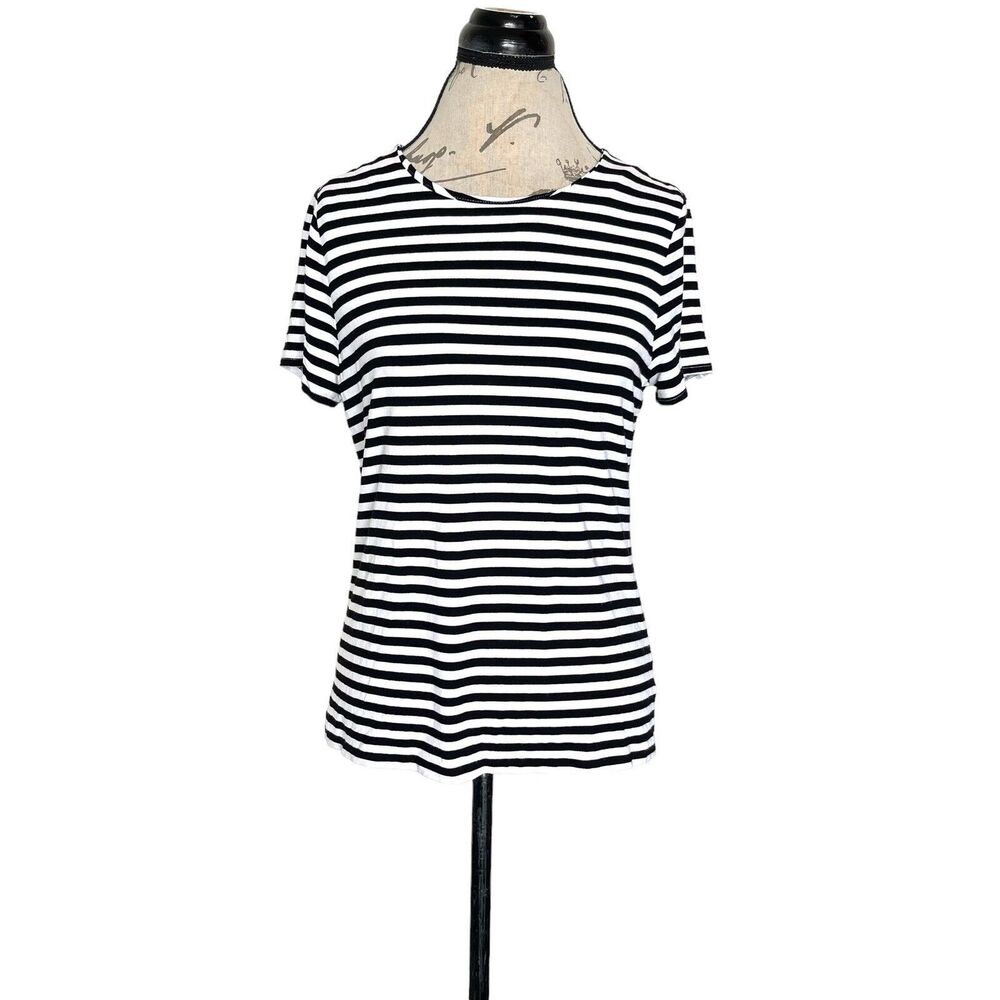 Talbots Womens Blouse Sz Medium Petite Striped Short Sleeve Parisian Preppy